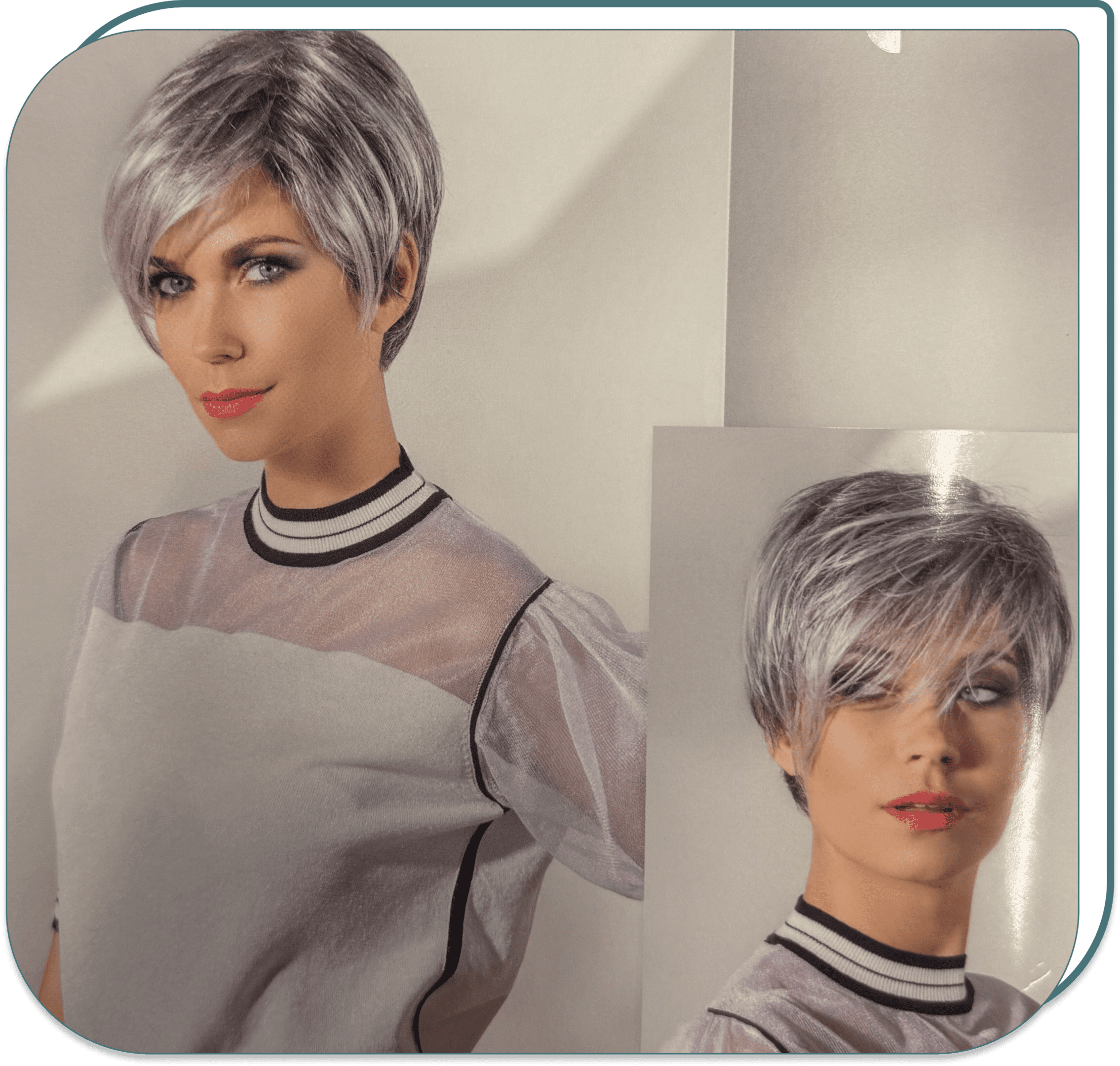 Stylish silver pixie wig model.