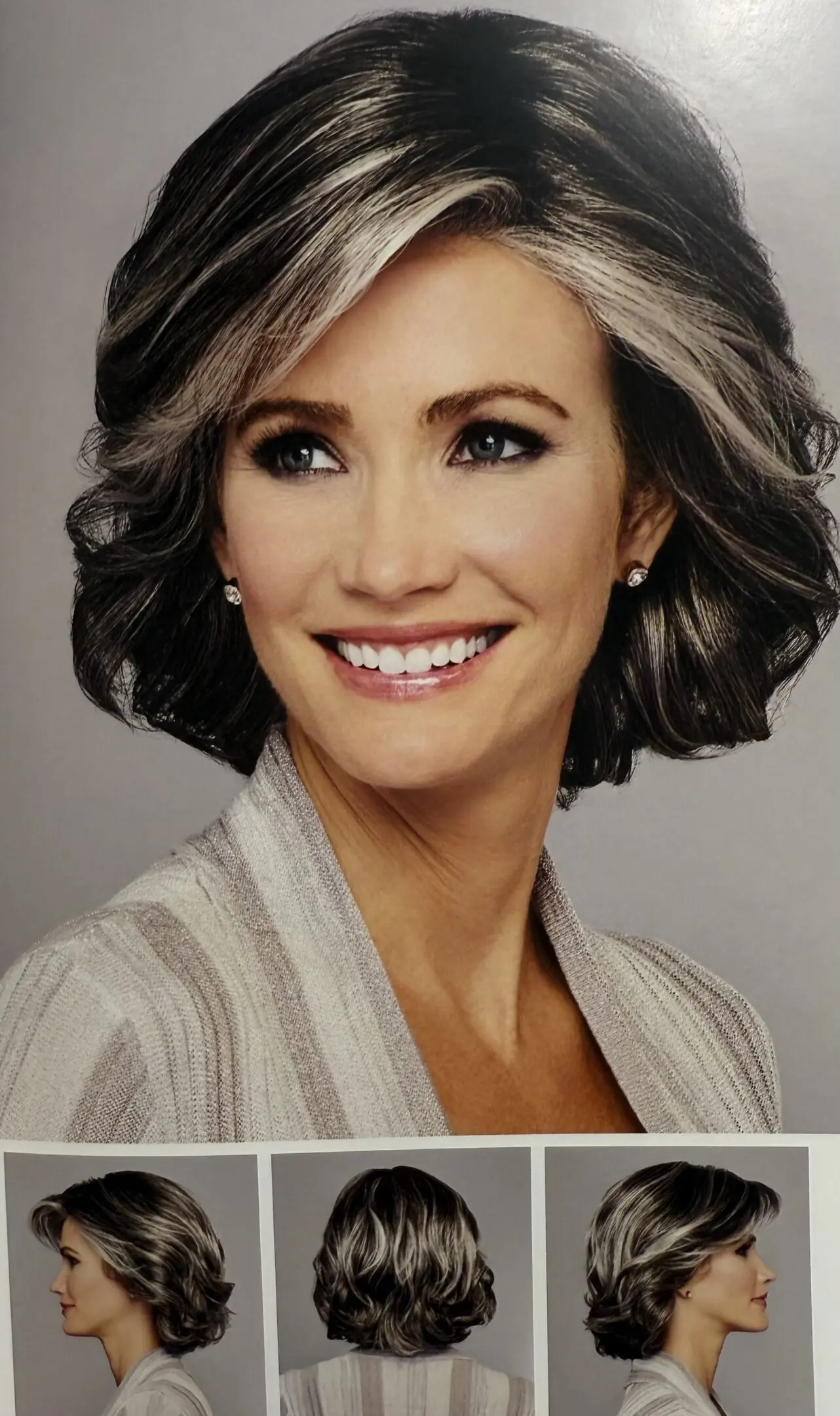 Woman with stylish gray and black bob wig.